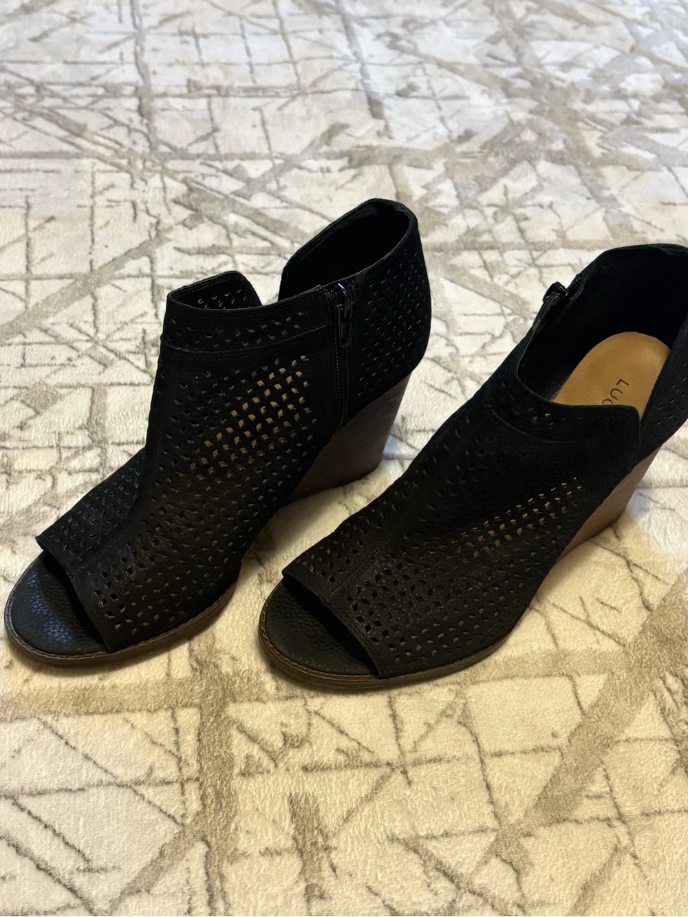 Lucky brand. Black Peep-Toe Perforated Wedge Booties - Women's size 8.